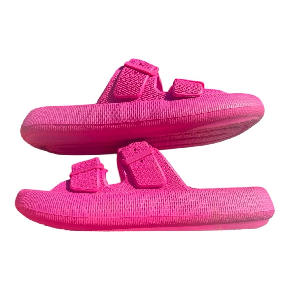 Hot Pink Double-Buckle Slide Sandals by Wewaya, cloud cushion waterproof slipper - Picture 14 of 16